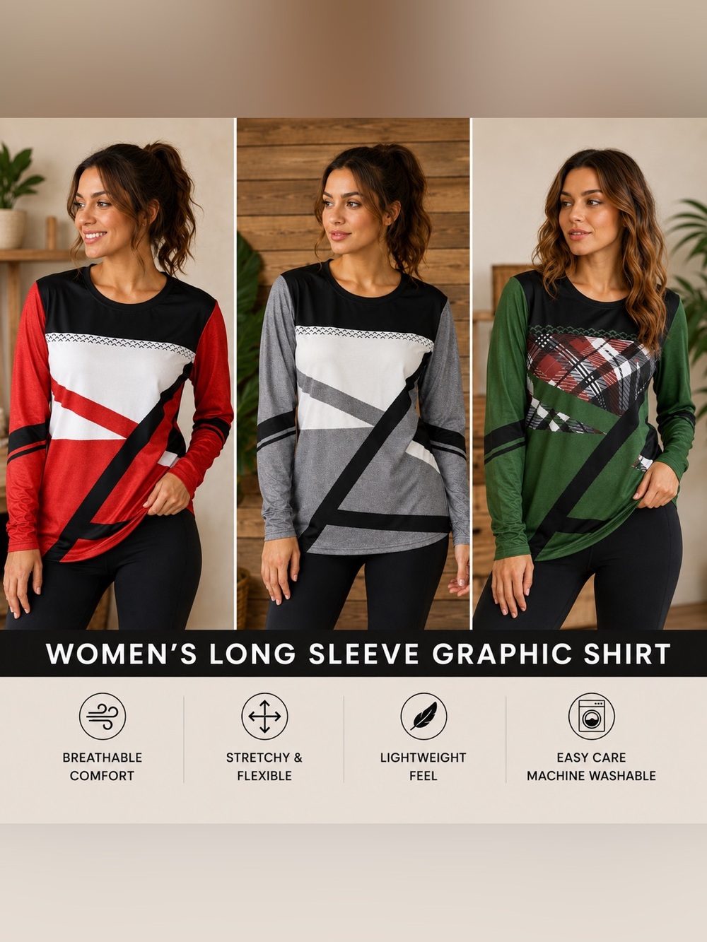 Women’s Long Sleeve Graphic Shirt – Red, Gray & Green – XL